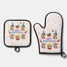 Happy Birthday Monkey Oven Mitt and Pot Holder 鍋つかみ&鍋敷きセット
