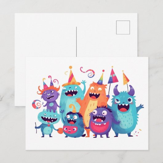 Happy Birthday. Monsterparty mit Monstern ポストカード (正面/裏面)