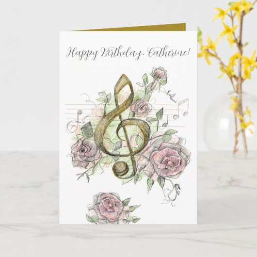Happy Birthday Music Note Treble Clef Roses Custom カード (黄色い花)