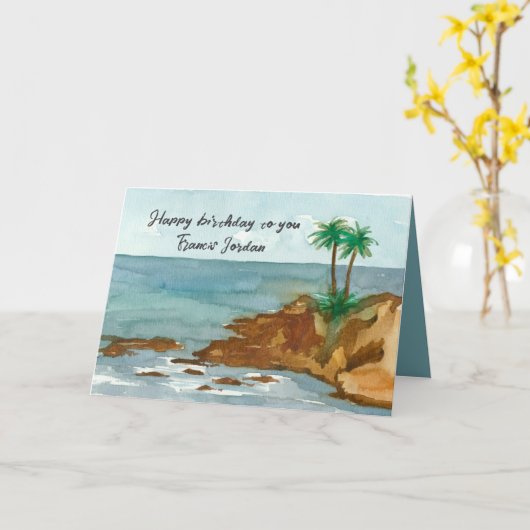 Happy Birthday Ocean Palm Trees Custom Name カード (黄色い花)