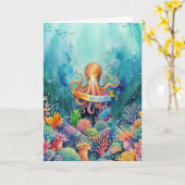 Happy Birthday Octopus Ocean Sea Life Water Fish カード (黄色い花)