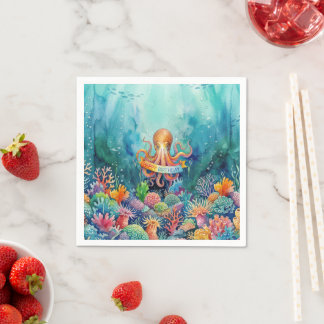 Happy Birthday Octopus Ocean Sea Life Water Fish スタンダードカクテルナプキン