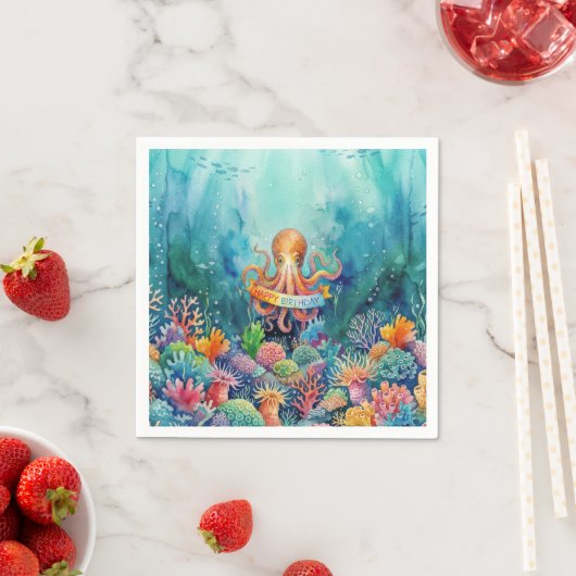 Happy Birthday Octopus Ocean Sea Life Water Fish スタンダードカクテルナプキン (インサイチュ)