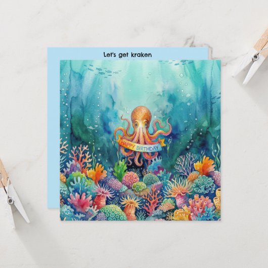 Happy Birthday Octopus Ocean Sea Life Water Fish 招待状 (正面/裏面インサイチュ)
