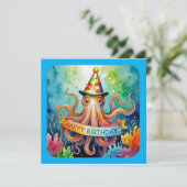 Happy Birthday Octopus Party Hat Watercolor Design カード (スタンド正面)