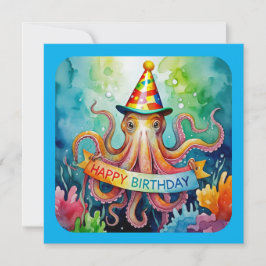 Happy Birthday Octopus Party Hat Watercolor Design カード