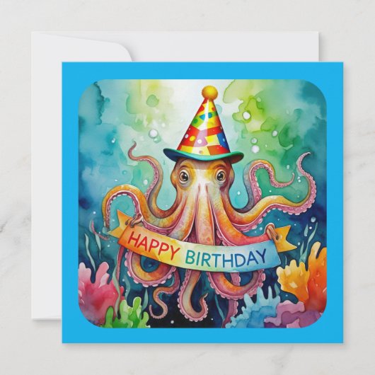 Happy Birthday Octopus Party Hat Watercolor Design カード (正面)