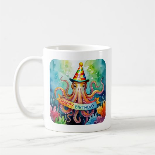 Happy Birthday Octopus Party Hat Watercolor Design コーヒーマグカップ (左)
