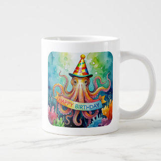 Happy Birthday Octopus Party Hat Watercolor Design ジャンボコーヒーマグカップ