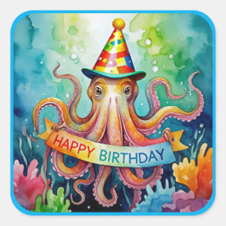 Happy Birthday Octopus Party Hat Watercolor Design スクエアシール