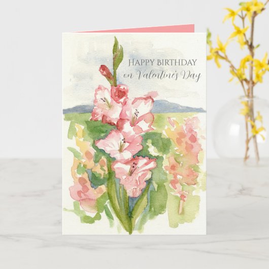 Happy Birthday on Valentine's Day Gladiola Flower カード (黄色い花)