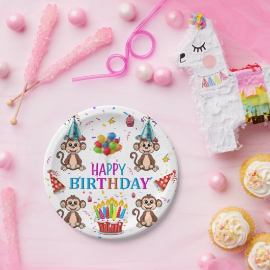 Happy Birthday Paper Plates Monkey Cupcake ペーパープレート (パーティー)