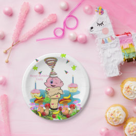 Happy Birthday Paper Plates Pink Cupcake ペーパープレート