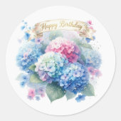 Happy Birthday Pastel Blue Hydrangea Floral  ラウンドシール (正面)
