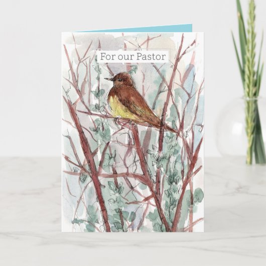 Happy Birthday Pastor Bird Trees Watercolor カード (正面)