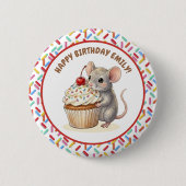Happy Birthday Personalized Mouse & Cupcake Photo 缶バッジ (正面)