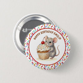 Happy Birthday Personalized Mouse & Cupcake Photo 缶バッジ