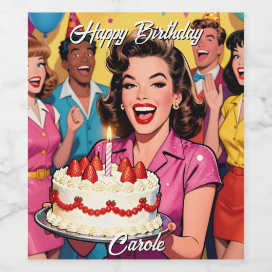 Happy Birthday | Personalized Retro Pop Art ワインラベル (シングルラベル)