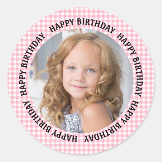 Happy Birthday Photo ギンガム ピンク 女の子 ラウンドシール (正面)