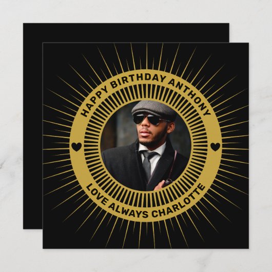 Happy Birthday Photo Gold Black Modern Card (正面/裏面)