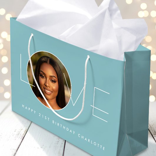 Happy Birthday Photo Love Typography Chic Blue ラージペーパーバッグ
