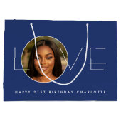 Happy Birthday Photo Love Typography Chic Navy ラージペーパーバッグ (裏面)