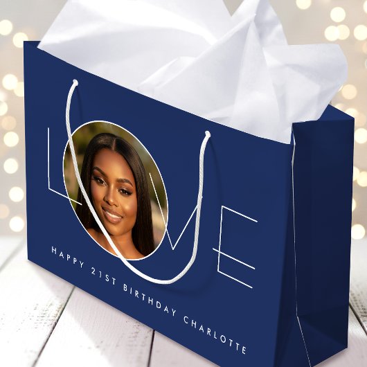 Happy Birthday Photo Love Typography Chic Navy ラージペーパーバッグ