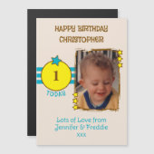 Happy Birthday photo name age blue magnetic card マグネット招待状 (正面/裏面)