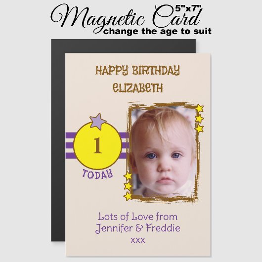 Happy Birthday photo name age purple magnetic card マグネット招待状