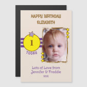 Happy Birthday photo name age purple magnetic card マグネット招待状 (正面/裏面)