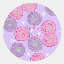 Happy Birthday, pink and purple flowers stickers ラウンドシール