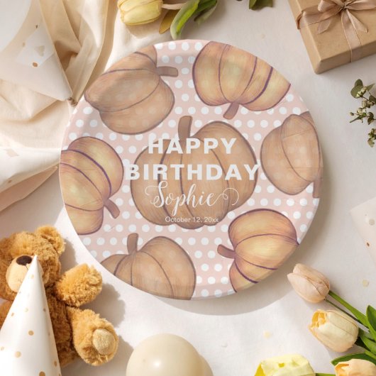 Happy Birthday Pink & Orange Pumpkin Party  ペーパープレート