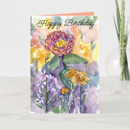 Happy Birthday Pink Zinnias Watercolor Garden カード (正面)