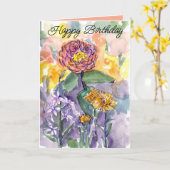 Happy Birthday Pink Zinnias Watercolor Garden カード (黄色い花)