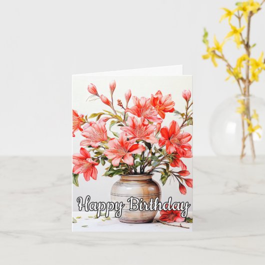 Happy Birthday Potted Lily Flower Illustration カード (黄色い花)