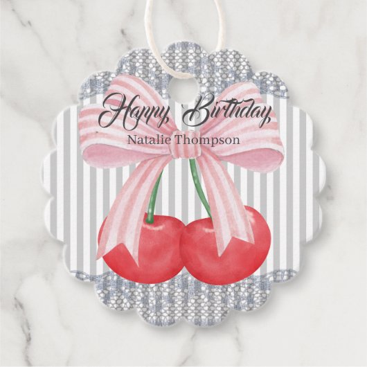 Happy birthday Pretty Cherries blue stripes pastel フェイバータグ (正面)