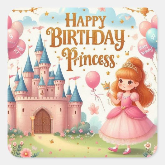 Happy Birthday Princess – Cute Pink Party Sticker  スクエアシール (正面)