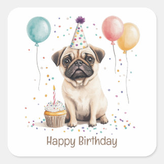 Happy Birthday Pug Dog スクエアシール