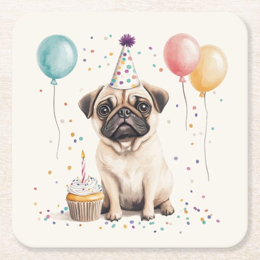 Happy Birthday Pug Dog スクエアペーパーコースター (正面)