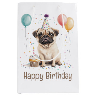 Happy Birthday Pug Dog ミディアムペーパーバッグ