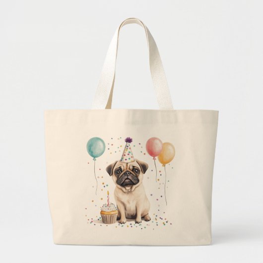 Happy Birthday Pug Dog ラージトートバッグ (正面)