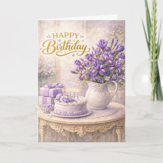 Happy Birthday Purple Iris Cottage Still Life カード (正面)