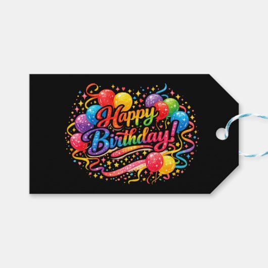 Happy Birthday Rainbow Balloons Confetti  ギフトタグ (正面(横))