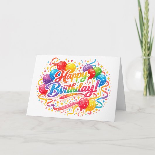 Happy Birthday Rainbow Balloons Confetti  サンキューカード (正面)