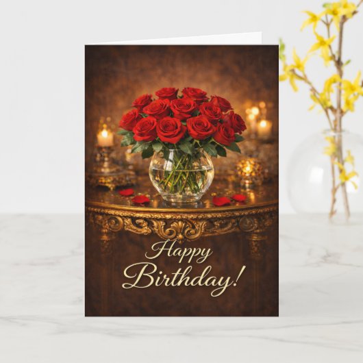 Happy Birthday Red Rose Candlelight カード (黄色い花)