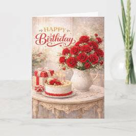 Happy Birthday Red Rose Cottage Still Life カード