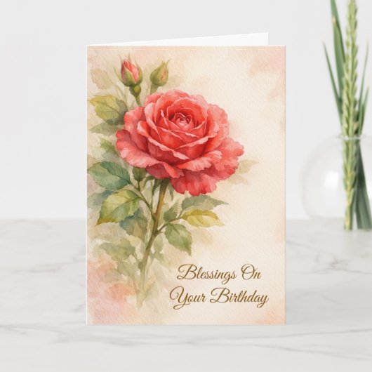 Happy Birthday Red Rose Floral Christian カード (正面)