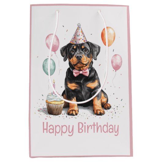 Happy Birthday Rottweiler Dog ミディアムペーパーバッグ (正面)