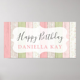 Happy Birthday Rustic Sage Green Pink Floral Wood ポスター