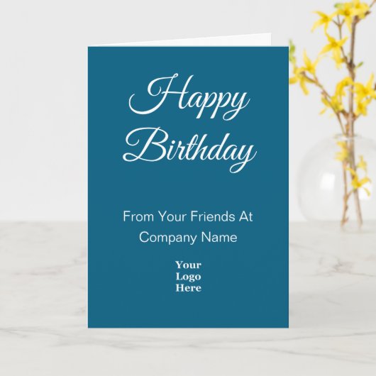 Happy Birthday Script Blue and White Business Logo カード (黄色い花)